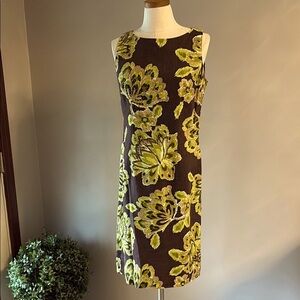 Elizabeth Howard bold floral sequins Sleeveless sheath  Dress Brown Green linen